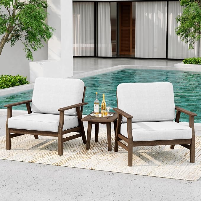 Wood Patio Chair Outdoor Bistro Set, 2 Piece Outdoor Armrest Chair All Weather Patio Sofa Furniture Backyard Conversation Sets with Cushions - Beige