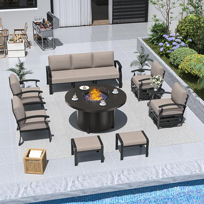 ALAULM Aluminum Patio Furniture Set with Coffee Table Rectangular, 5-seat Outdoor Sectional Furniture w/2 Swivel Chairs, Patio Conversation Set for Porch, Backyard, Sand