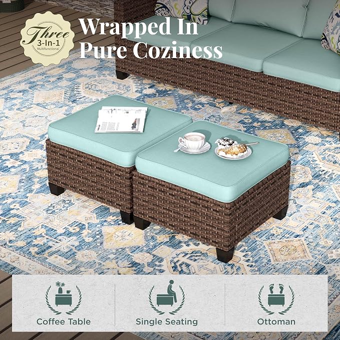 MIXPATIO Swivel Glider Patio Furniture Set, 5 Pcs Wicker Outdoor Conversation Set, 2 x Swivel Chairs, 1 x 3 Seater Sofa and 2 x Ottoman, Blue