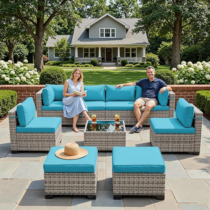 9-Piece Patio Furniture Set, Outdoor with Ottomans, Modular Patio Sofa, Dual-Strand Wicker Rattan, Rust-Resistant Frame, Backyard Furniture for Garden, Deck, Lake Blue