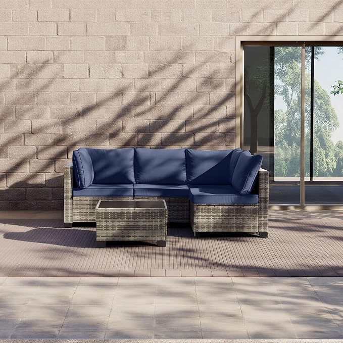 5-Piece Outdoor Patio Furniture Set, Gray PE Rattan Sectional Sofa with Navy Blue Cushions and Steel Frame, Coffee Table Included, Modular Outdoor Conversation Set for Patio Garden Poolside