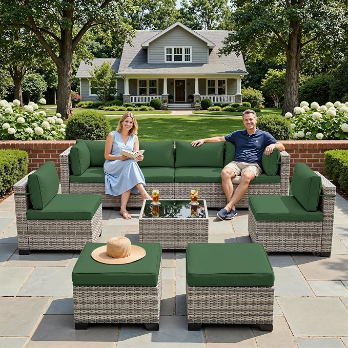 9-Piece Patio Furniture Set, Outdoor with Ottomans, Modular Patio Sofa, Dual-Strand Wicker Rattan, Rust-Resistant Frame, Backyard Furniture for Garden, Deck, Dark Green