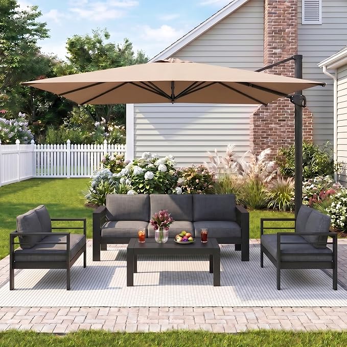 Wisteria Lane 5 Pieces Aluminum Patio Furniture Set with Umbrella, All Weather Oversized Outdoor Furniture Set with Deep Seat and Back Cushion, Patio Conversation Sets with Wide armrest, Gray & Gray