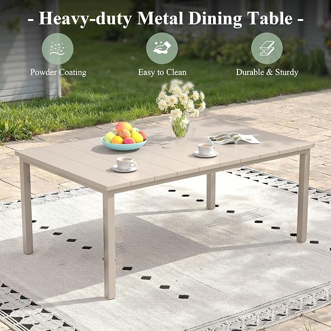Outdoor Dining Set for 6, 63" Metal Outdoor Dining Table with Umbrella Hole and Sling Patio Swivel Chairs, 7 Pieces Patio Table and Chairs Set for Garden Backyard, Sandshell