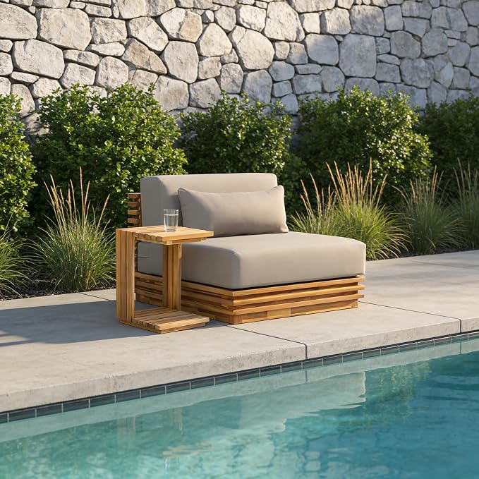 Christopher Knight Home Oversized Outdoor 2 Piece Chat Set Acacia Wood Patio Club Chair and Side Table Natural Finish Water Repellent Cushions Deep Seat Patio Furniture Set Beige