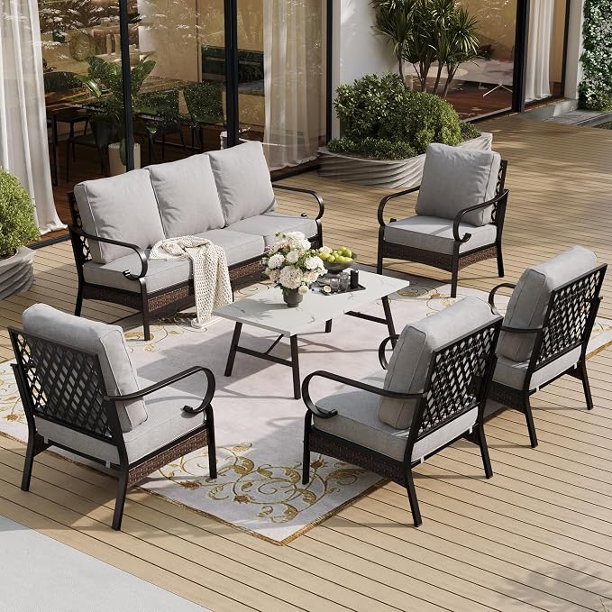 SUNSHINE VALLEY 6 Piece Metal Outdoor Patio Furniture Sets, Patio Conversation Sets 1 3-Seater Sofa, 4 Single Sofa with 5.75" Thick Cushion & Coffee Table, Black Frame Backyard Furniture, Light Gray