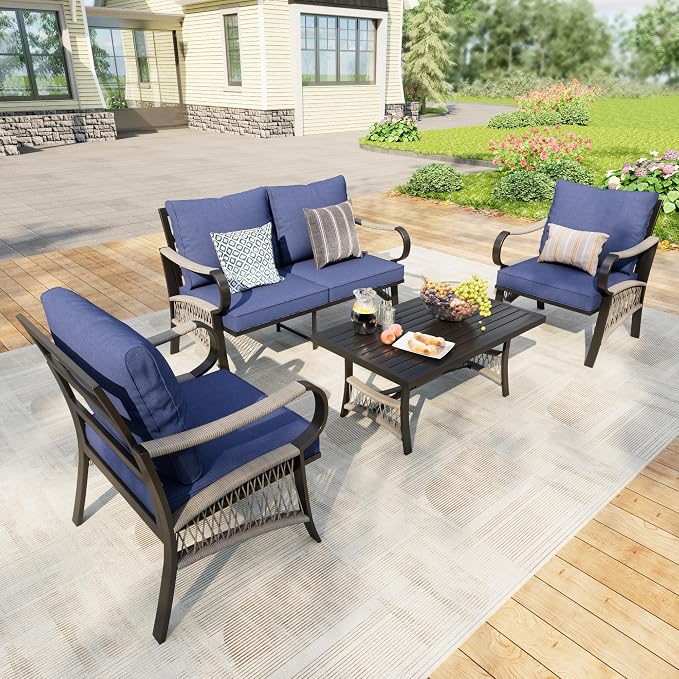 4 Pieces Patio Furniture Set, Metal Outdoor Conversation Sets with Coffee Table, Modern Couch Sofa Set Includes Single Chairs and Loveseat Seating Group (Thick Blue Cushions)