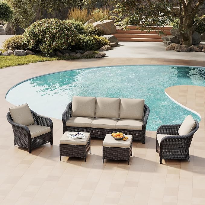 5 Piece Patio Wicker Conversation Set, All-Weather Use Outdoor Wicker Sofa with 2 PE Rattan Ottomans,2 Chair, Ideal for Porch, Backyard, Balcony, Poolside, Beige