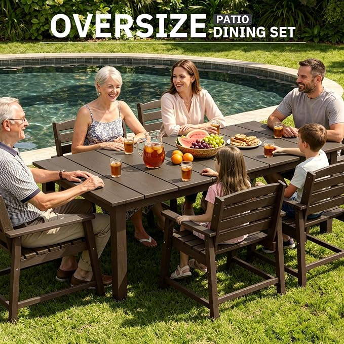 AreShark 7-Piece Outdoor Dining Set,HDPE Patio Table with 6 Armchairs,All-Weather Patio Furniture Set with Umbrella Hole,Low Maintenance Wood Grain Dining Set for Backyard,Garden,Poolside,Black