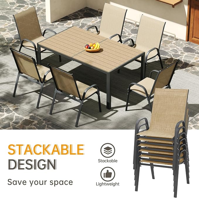 PIZZELLO 7-Piece Outdoor Dining Set Patio Dining Set for 6 Outdoor Table and Chairs All Weather Outdoor Patio Set w/Stackable Patio Chairs and HDPE Table for Backyard, Garden and Poolside, Khaki