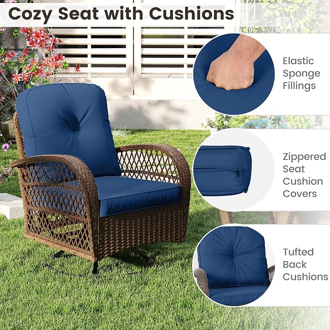 HAPPYGRILL 3 Pieces Outdoor Rattan Swivel Rocker Chairs Set with Tempered Glass Side Table, Outside Sectional Patio Conversation Furniture Set with Swivel Rocking Chairs for Deck Porch Garden (Navy)