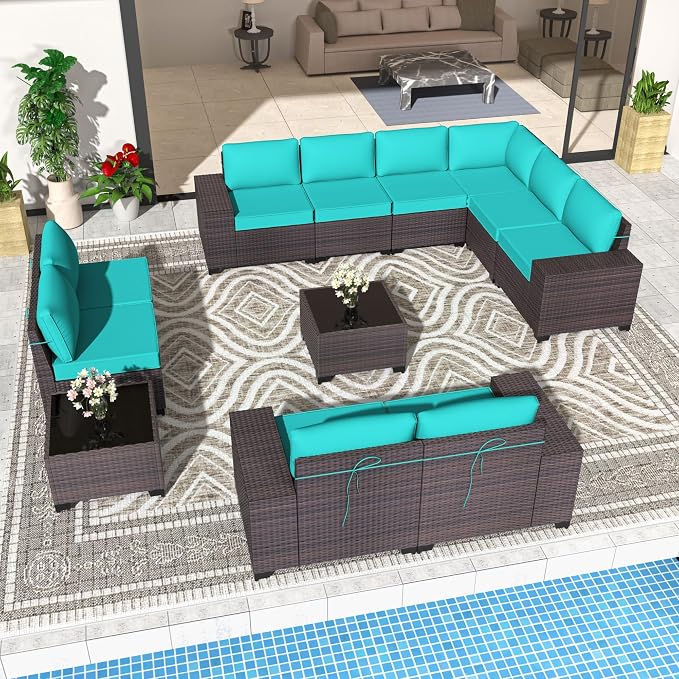Patio Furniture Set 12 Pieces Outdoor Sectional Sofa Set,PE Rattan Wicker Patio Conversation Set with Thickened Cushions and Glass Coffee Table,Blue