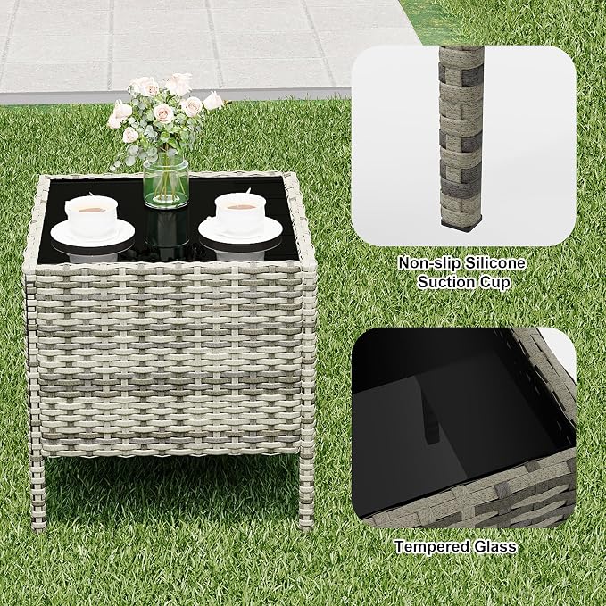 3-Piece Patio Furniture Set – Outdoor PE Rattan Armchairs, Water-Resistant Blue Cushions, Glass Table – Conversation Set – Grey Gradient Rattan/Blue Cushion