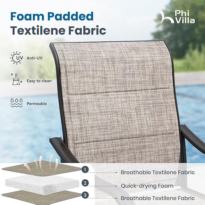 PHI VILLA Outdoor Dining Set for 6 with Beige Umbrella & Swivel Chairs | Padded textilene, High back & Ergonomic, Rectangular metal table, Weather-resistant, Patio backyard deck, No Umbrella Base