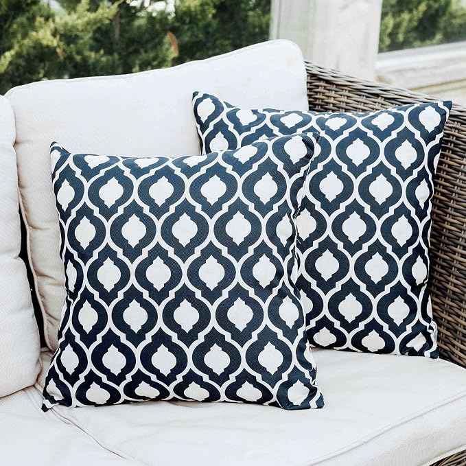 Outdoor Pillow Covers 2 Pack Patio Decorative Accent Throw Pillow Covers, Waterproof and Fade Resistant, Perfect for Summer Outdoors and Indoors, Moroccan 18x18in Blue and White