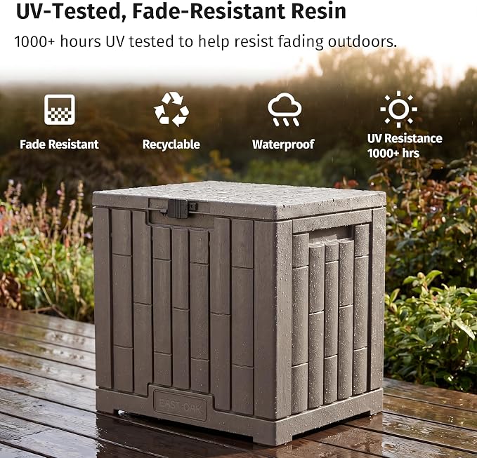 EAST OAK Outdoor Storage Box, 31 Gallon Deck Box, Waterproof Resin Storage Bin for Patio Cushions, Gardening Tools, Accessories, Lockable, UV Resistant, Brown