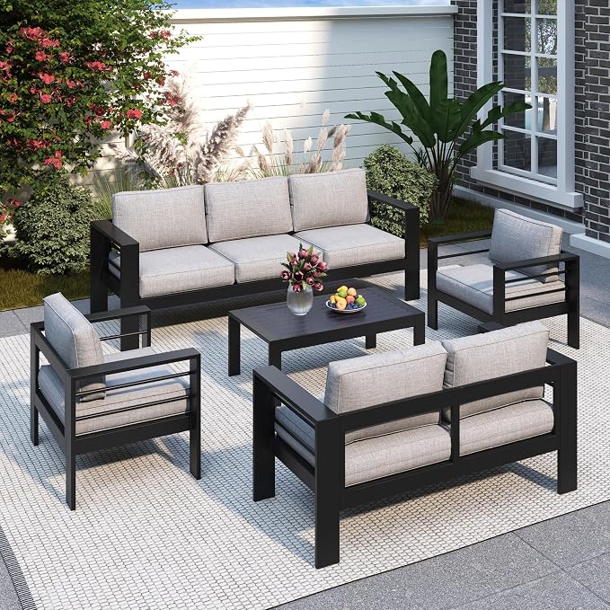 Solaste Aluminum Patio Furniture Set for All Weather, Oversized Metal Outdoor Furniture with 27.5" Deep Seating and 3.2" Wide Armrest, Patio Conversation Set with 10’’ Back Cushion, Black and Grey