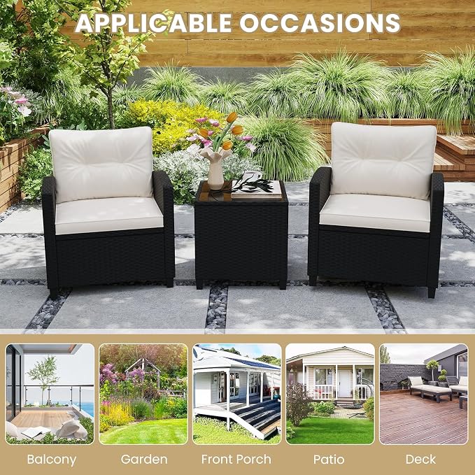 ORALNER 3 Pieces Patio Furniture Set, Wicker Conversation Set Outdoor Chairs with Cushions, Glass Coffee Table, Rattan Bistro Set for Front Porch Balcony Garden Deck Poolside (White)