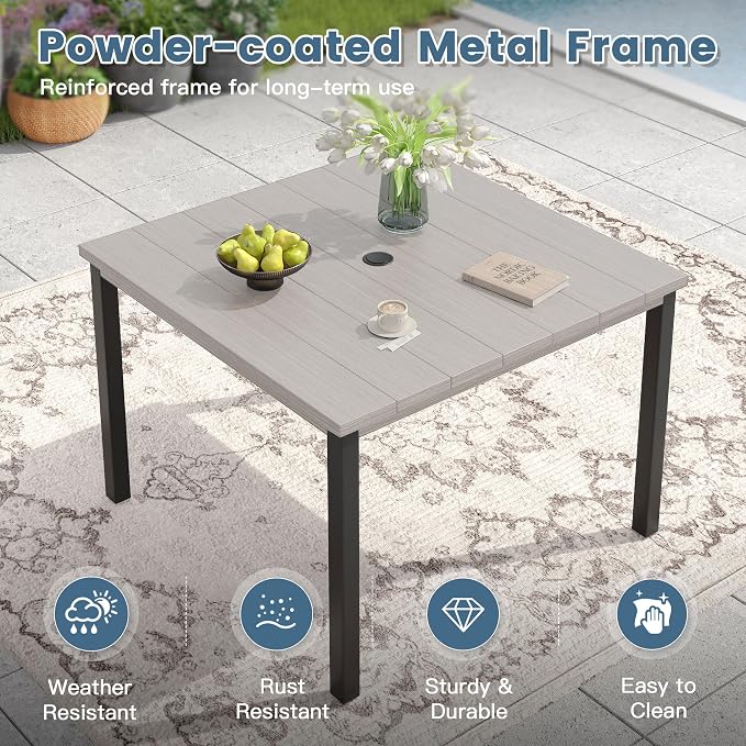DIFY 5 Pieces Outdoor Patio Dining Set for 4, 40.2" Grey Wood-Like Square Metal Dining Table and 4 Grey Stackable Textilene Patio Chairs, Outdoor Table and Chairs for Backyard Garden Poolside