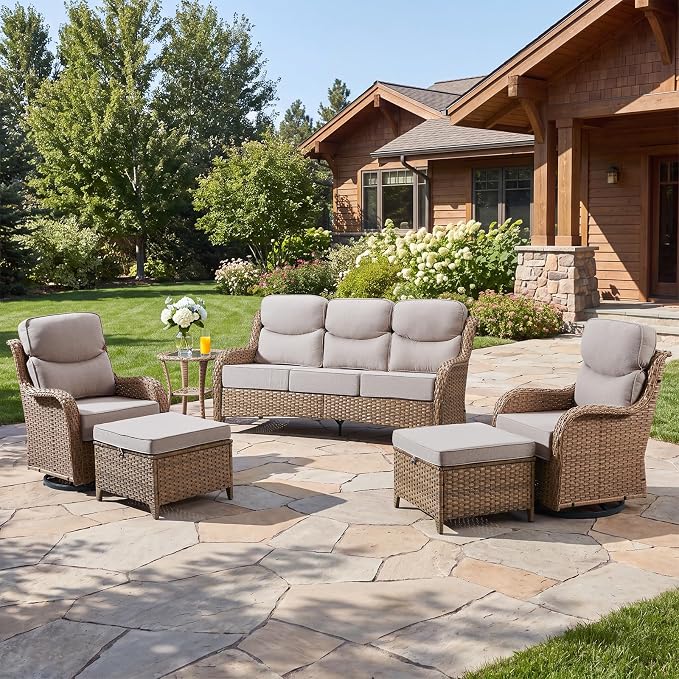 Luxury High Back Patio Furniture Set with 6-Inch Thick Cushions, 6-Pieces Outdoor Furniture with Swivel Chairs &Side Table, Wicker Conversation Set for Porch, Balcony, Deck and Yard, Yellow/Beige