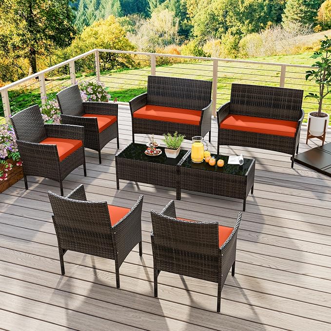 KOTEK 8 Piece Patio Furniture Set, Outdoor Rattan Conversation Set with Loveseat, Wicker Chairs, Tempered Glass Coffee Table, Wicker Patio Set for Backyard, Porch (Orange)