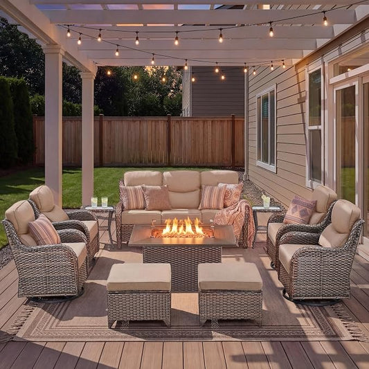 Patio Furniture Set with Fire Pit Table-10 Pieces All Weather Outdoor Swivel Rocker Chairs with Sofa and Ottomans. Outdoors Patio Conversation Sets for Porch Deck Garden Backyard(Brown/Beige)
