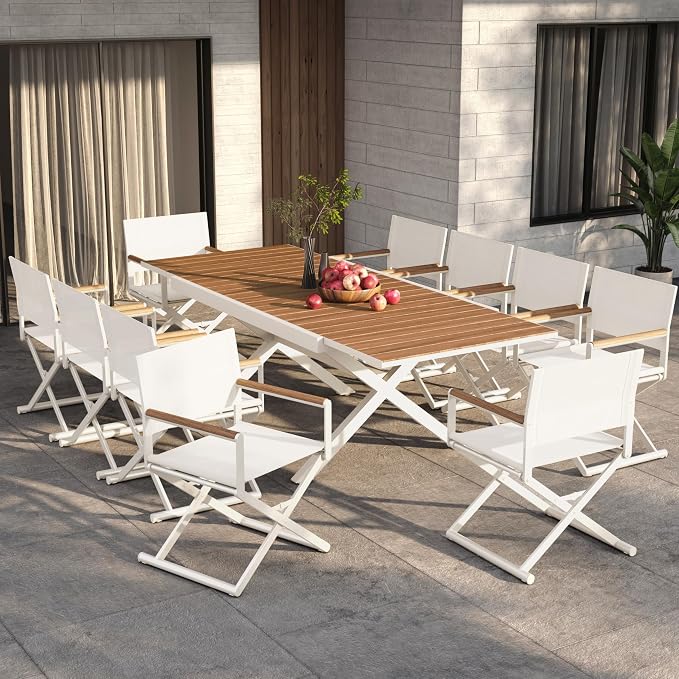 Grand patio 11-Piece Outdoor Dining Set, 10 Extra-Wide Folding Chairs & 1 Rectangle Expandable Table for 6-8 Person, Sling Mesh Patio Chairs with Wood Grain Table for Yard, Poolside, Deck, Apricot