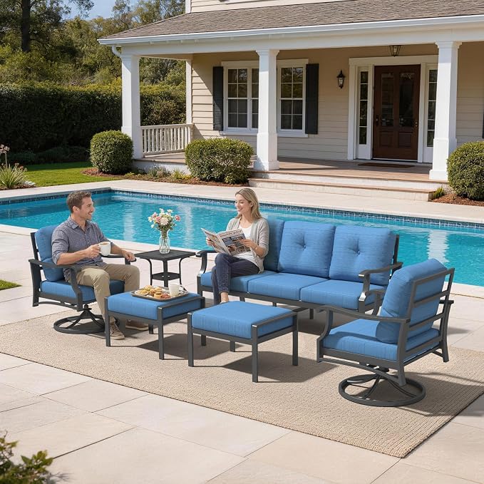6 Piece Aluminum Patio Conversation Set, Outdoor Metal Furniture Set w/Rocking Swivel Chairs, 3-Seat Sofa, Ottomans and Coffee Table, 5" Thickened Cushions for Backyard, Poolside, Blue