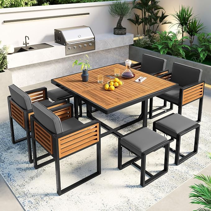 9-Pieces Outdoor Dining Set for 8, Acacia Wood Patio Furniture Set with Outdoor Square Table and 4 Cushioned Chairs & 4 Ottomans for Backyard, Garden, Deck and Poolside (Grey, 9 Piece)