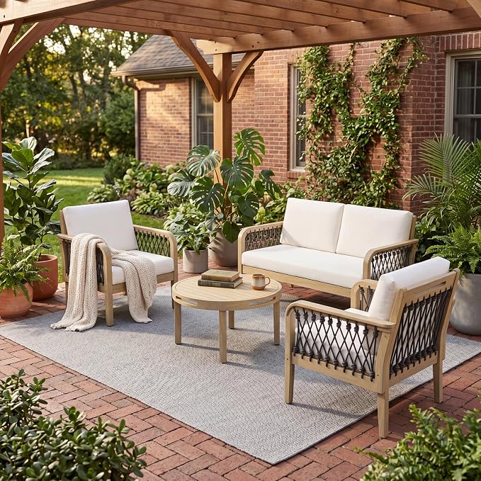 4-Piece Patio Conversation Set, All Weather Sectional Sofa Set w/ 2 Chairs, Loveseat & Round Coffee Table, Acacia Wood Outdoor Furniture Set with Rope Woven Armrests and Cushions (Light teak-6.9)