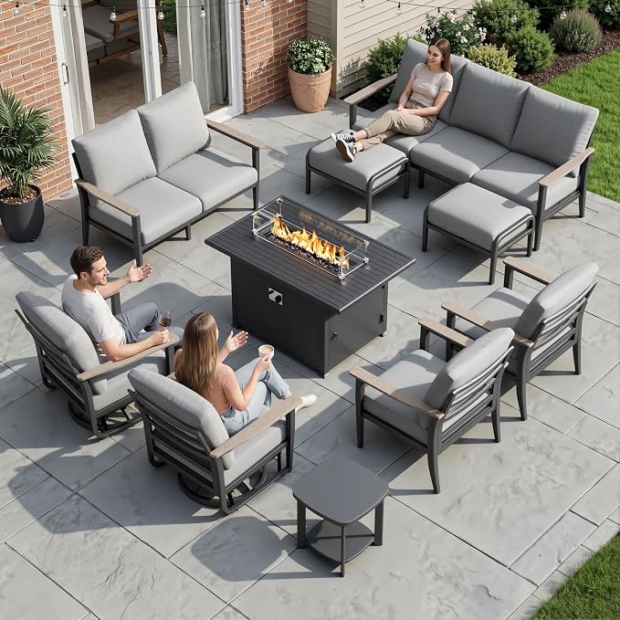 Aluminum Outdoor Patio Furniture Set, 10-Piece Sectional Sofa with 5.1" Thick Cushions, Swivel Rocking Chairs, 55,000 BTU Fire Pit Table, Outdoor Couch for Backyard, Deck, Gray