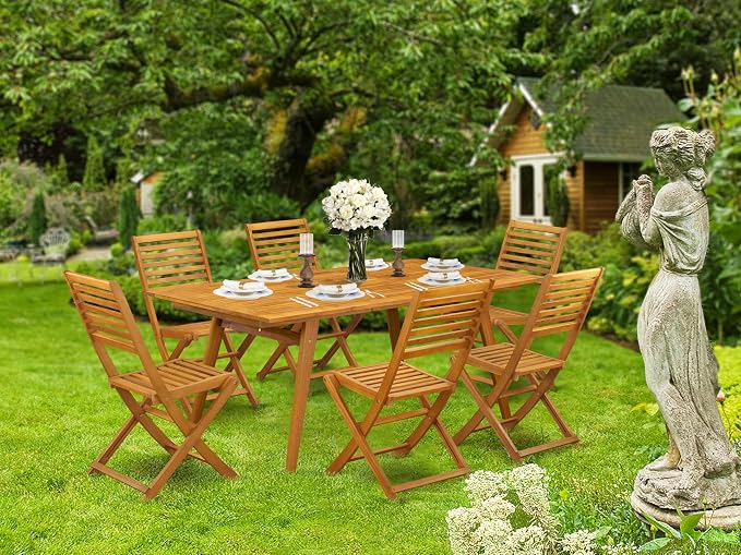 East West Furniture DEBS7CWNA 7 Piece Patio Dining Set Consist of a Rectangle Outdoor Acacia Wood Table and 6 Folding Side Chairs, 40x72 Inch, Natural Oil