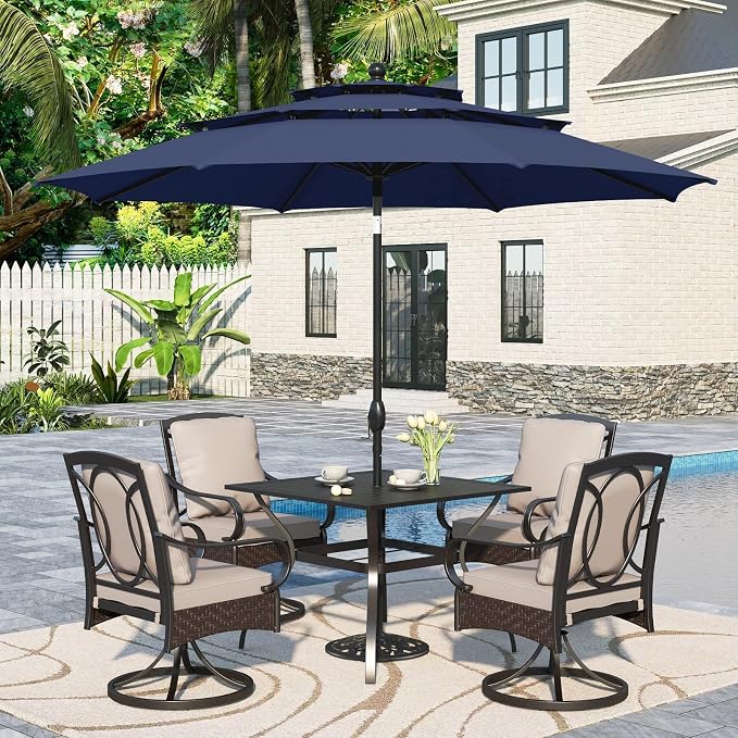 Sophia & William Patio Dining Set with 10ft 3 Tier Auto-tilt Beige Umbrella, 6 Piece Outdoor Table and Chairs with 4 Padded Swivel Rocker Dining Chairs, 1 Square Metal Table and 1 Umbrella Navy Blue