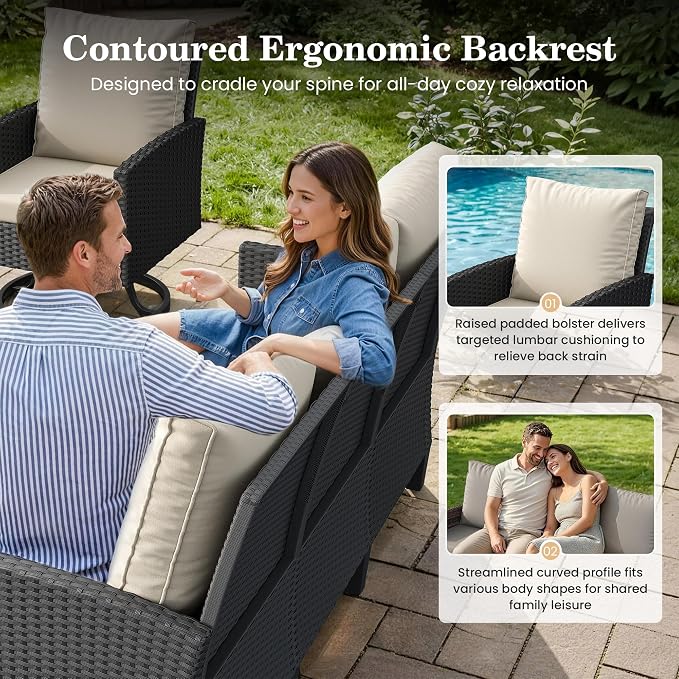 Amopatio Patio Furniture Set with Fire Pit Table,7 Pieces Conversation Sofa with 360° Swivel Chairs, All Weather Wicker Outdoor Furniture for Backyard Garden Pool Deck,Beige