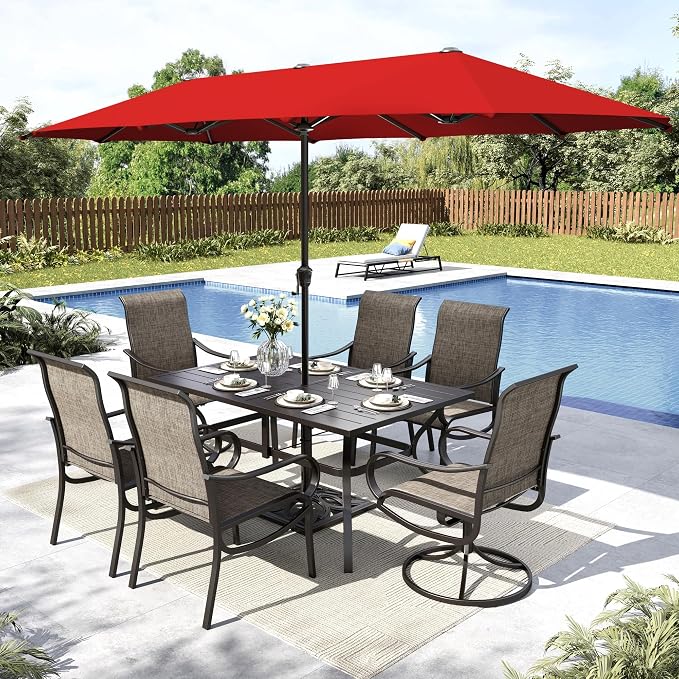 MFSTUDIO Patio Dining Set for 6, Outdoor Dining Set with Umbrella, Patio Furniture Set with 1 Rectangular Table Fixed Chairs 2 Swivel Chairs & Orange Red Umbrella (Base not Included)