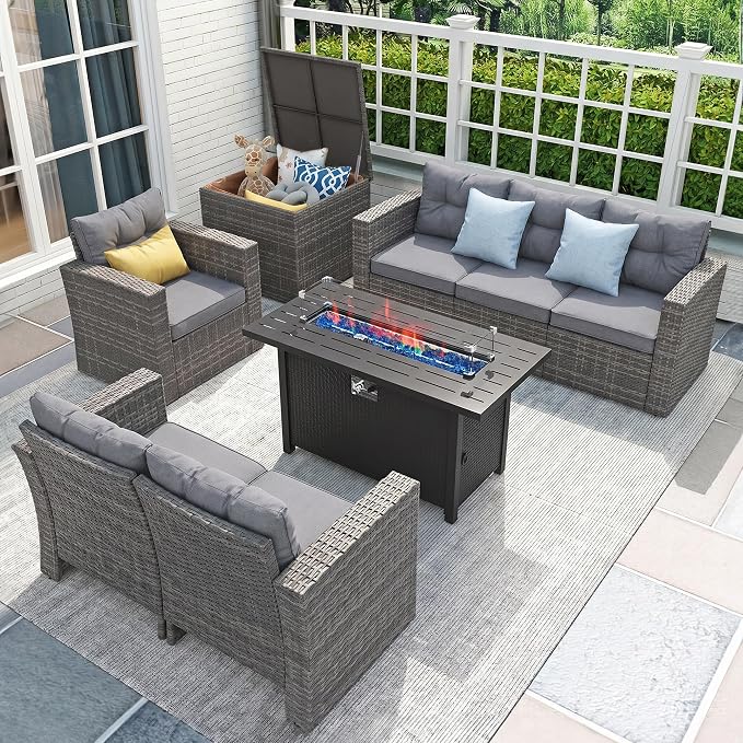 JOIVI 8 Pieces Patio Furniture Set with 45” Propane Fire Pit Table and Storage Box, Wicker Rattan Outdoor Sectional Sofa, Outdoor Furniture Conversation Set with Thickened Cushion, Gray