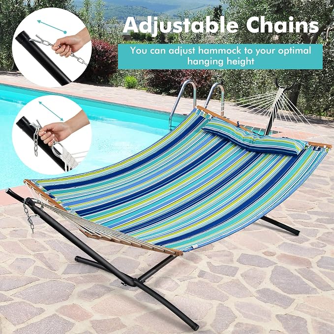 Giantex Hammock Swing Camping Hammock for Stand with Spreader Bar, Detachable Pillow, Hand Woven Cotton Ropes, Outdoor Hammocks for Patio, Backyard, Poolside(Hammock Without Stand) (Blue + Green)