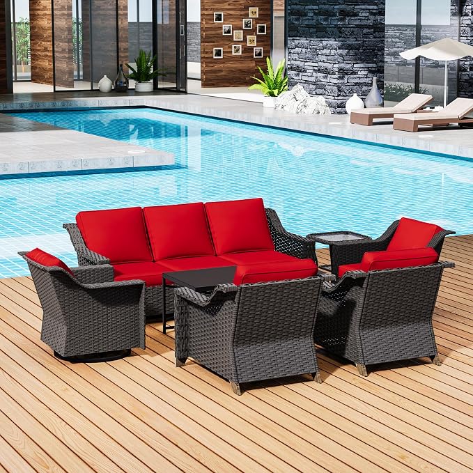 7 Pieces Outdoor Conversation Furniture Set - 77" Patio Sofa, 2 Armchairs, 2 Swivel Glider Chairs, 1 Side Table, 1 Metal Table, Patio Wicker Couch with Washable Cushions for Porch (Red)