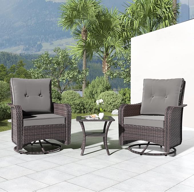 Kullavik Outdoor Swivel Chairs Set of 2,Patio Wicker Rocker Chairs with 4" Thick Cushions and Side Table,Patio Conversation Furniture Set for Patio Porch Deck Backyard,Grey