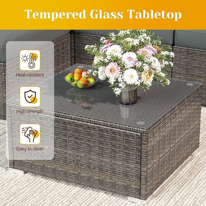 Fansafun Outdoor Patio Furniture Set, 5 Piece Patio Conversation Set, Waterproof Wicker Patio Furniture Set, All Weather Combination Patio Conversation Sets with Cushions and Glass Table, Grey