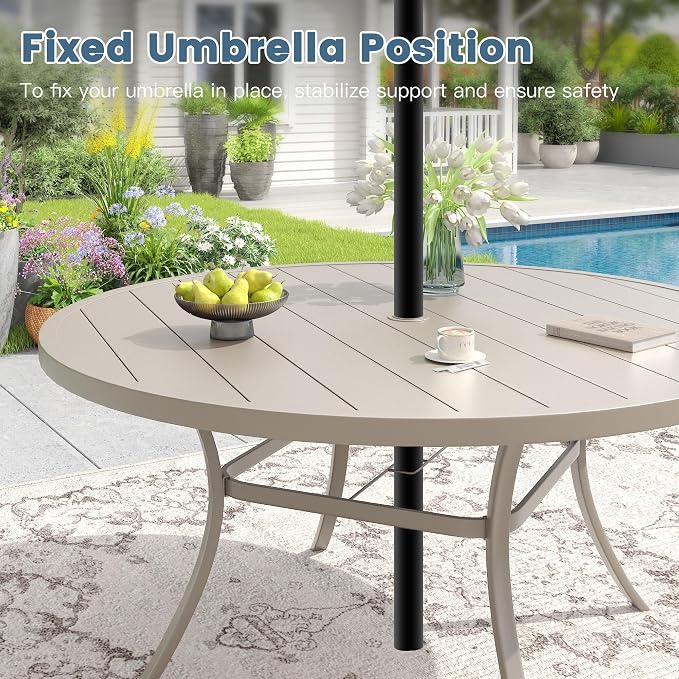 DIFY 11 Piece Outdoor Patio Dining Set for 10, Patio Table and Chairs Set with Umbrella Hole, 63" Round Dining Table and Stackable Metal Chairs for Backyard Garden Poolside, Sandshell