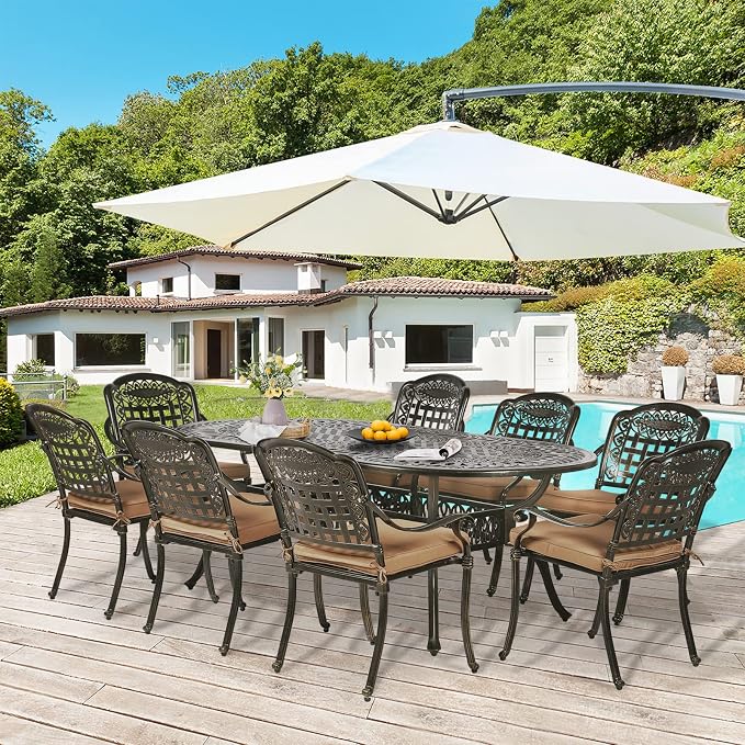 9-Piece Patio Dining Set, Outdoor Patio Table and Chair Set of 84” Oval Cast Aluminum Dining Table with Umbrella Hole and 8 Outdoor Dining Cushion Chairs, Patio Funiture Set for Lawn Garden