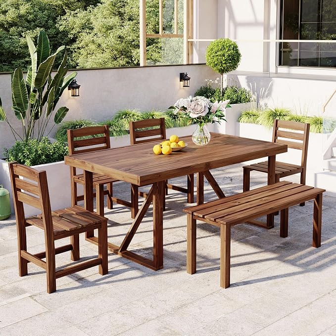 RUNNA Acacia Wood 6-Piece Outdoor Dining Set, Minimalist Patio Furniture with Dining Table,Bench and 4 Chairs for Garden, Balcony, Poolside (Brown-A1)