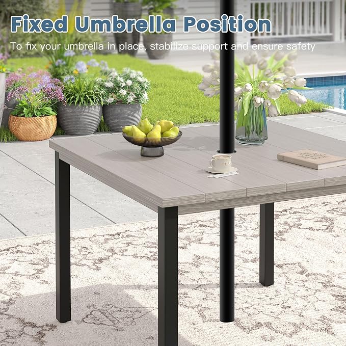 DIFY 5 Pieces Outdoor Dining Set, Metal Patio Table and Chairs Set for 4 with Umbrella Hole, 40.2" Square Dining Table and Textilene Stackable Patio Chairs for Garden Backyard Poolside, Grey Wood-Like