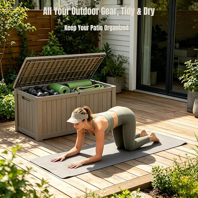 151 Gallon Large Resin Outdoor Storage Box, Waterproof Deck Box, Lockable Deck Container with Reinforced Support, Outdoor Chest for Patio Accessories, Outdoor Cushions, Garden Tools, Taupe Gray