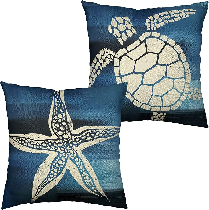 Starfish Sea Turtle Pillow Covers Pack of 2 Beach Coatal Throw Pillow Covers Navy Blue Nautical Themed Linen Cushion Case for Couch Living Room Outdoor Car 24x24