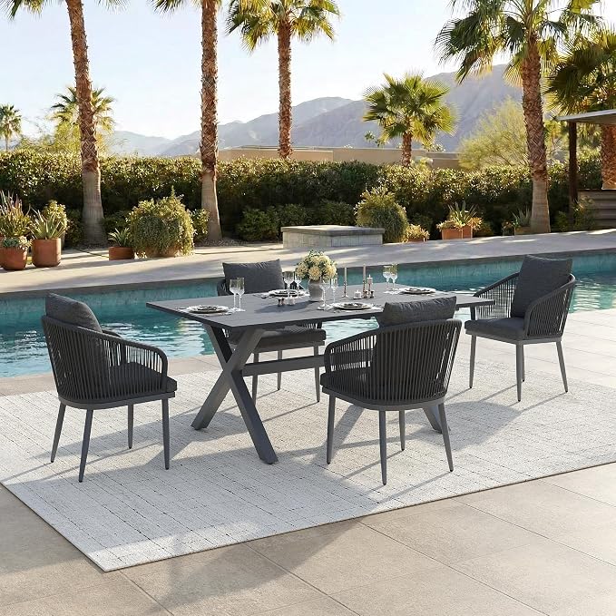 5-Piece Patio Dining Table Sets, Woven Wicker Dining Set with Rectangular Aluminum Table and Dining Chairs Modern Outdoor Dining Furniture Set for Outdoors and Indoors