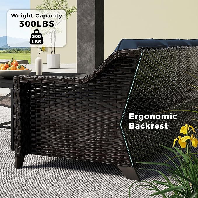 6 Pieces Patio Conversation Furniture Set - 2 Sofas, 2 Armchairs, 2 Ottomans, Outdoor Wicker Furniture with Removable Cushions for Porch, Balcony, Sunroom (Blue)