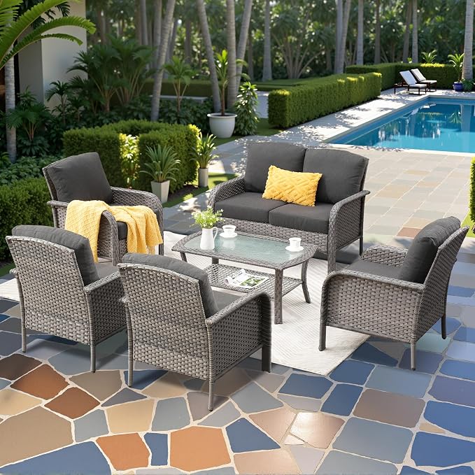 CAODOC 6-Piece Wicker Patio Furniture Set, All-Weather Rattan Conversation Bistro Loveseat Chair and Table Set for Backyard, Balcony and Deck with Soft Cushions and Metal Table(Black)