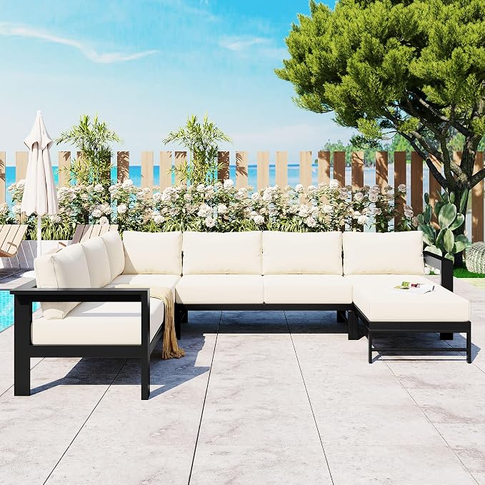 JIVOIT Multi-Person Outdoor Sofa Set, U-Shaped Aluminum Outdoor Sofa Set with Thick Cushions and Backrests, Modular Patio Sofa Set for Gardens, Backyards, and Balconies (White * 069)
